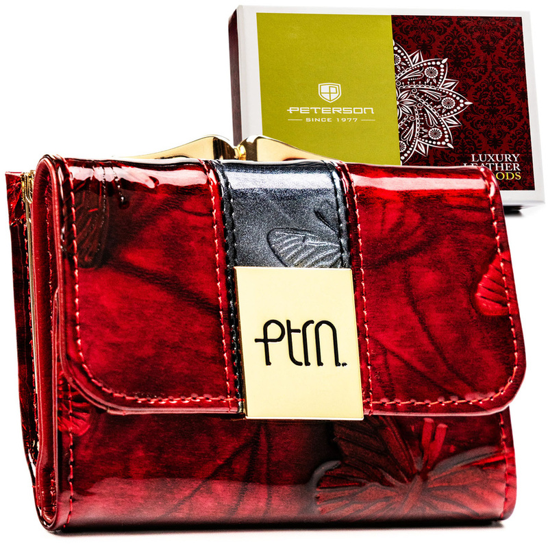 Mały, skórzany portfel damski w czerwonym kolorze zamykany na zatrzask i bigiel - Peterson