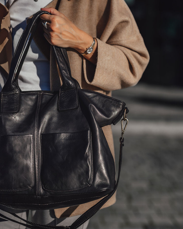 Torebka skórzana shopper bag - MARCO MAZZINI czarny