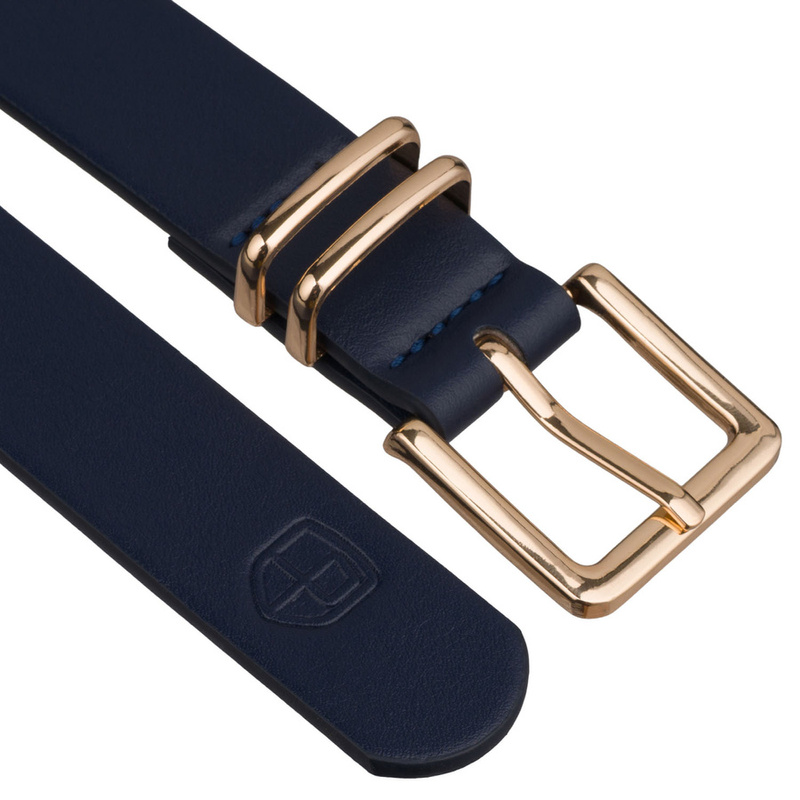 Wąski pasek damski ze skóry ekologicznej w granatowym kolorze ze złotą klamrą - Peterson