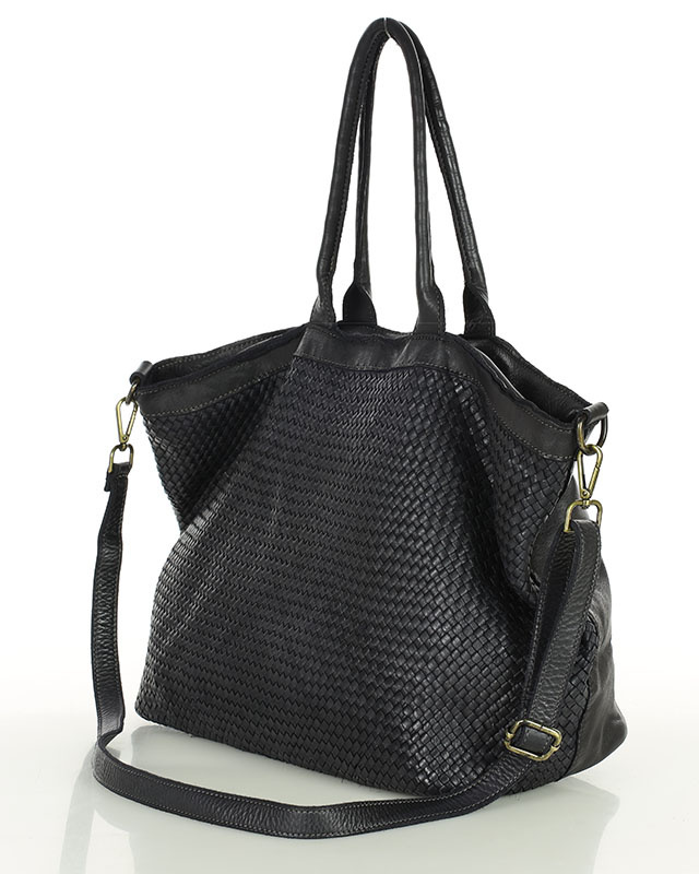 Duża torba shopper z plecionej skóry naturalnej - MARCO MAZZINI czarna