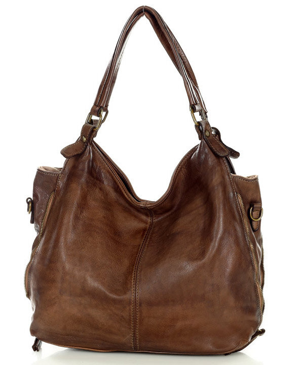 Torba skórzana wysokogatunkowa na ramię styl miejski shoulder leather bag - MARCO MAZZINI czekoladowy brąz