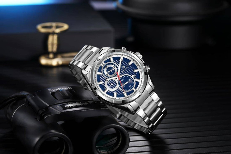 Srebrny elegancki zegarek męski bransoleta duży solidny Perfect CH03M