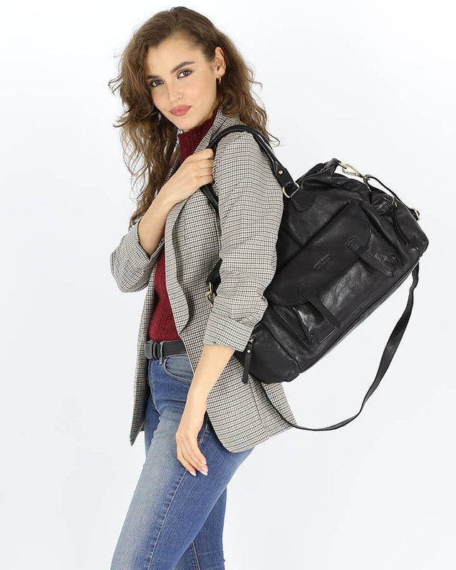 Pojemna torba damska na ramię z kieszeniami skóra naturalna - MARCO MAZZINI czarny