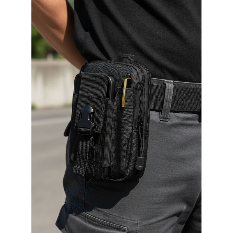 Czarna saszetka do paska wykonana z wytrzymałego poliestru - Rovicky