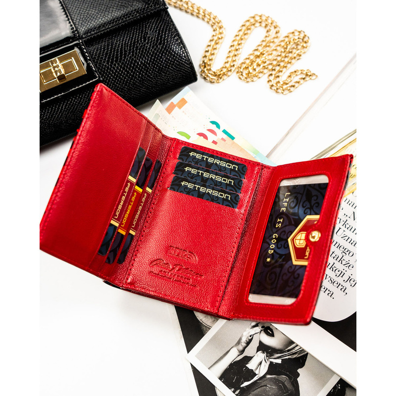 Czerwony portfel damski ze skóry ekologicznej i naturalnej w cętki, zamykany biglem i zatrzaskiem - Peterson