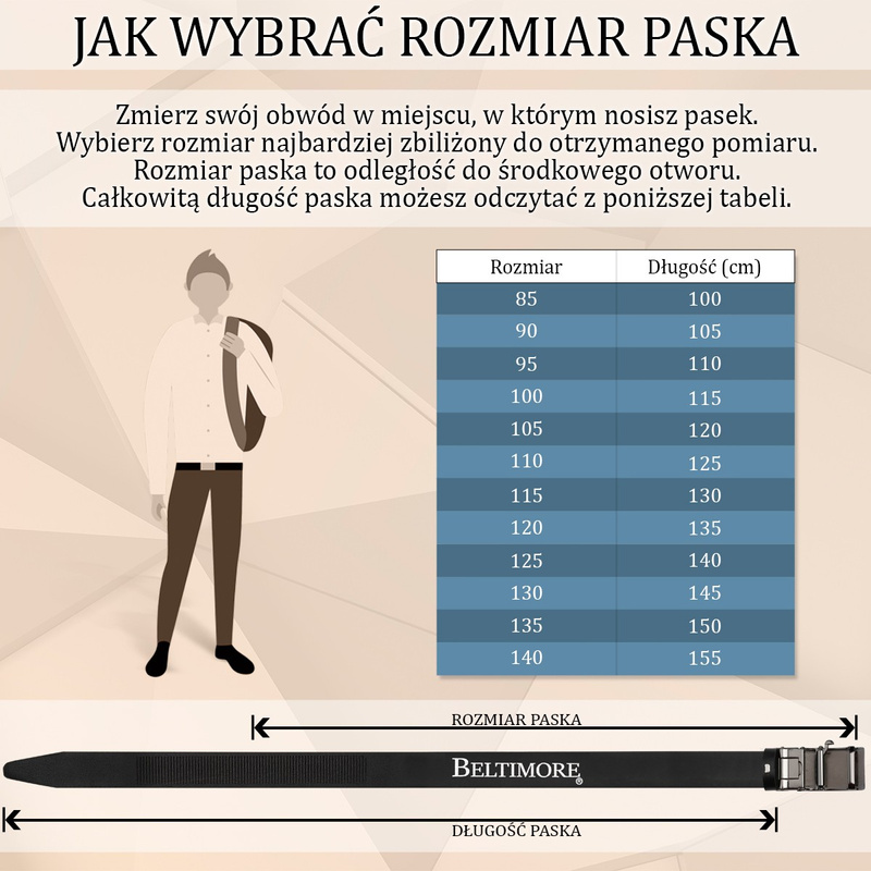 BELTIMORE pasek męski skórzany klamra automat koniak A11 : Kolory - brązowy, beżowy, Rozmiar pasków - r.85-100 cm