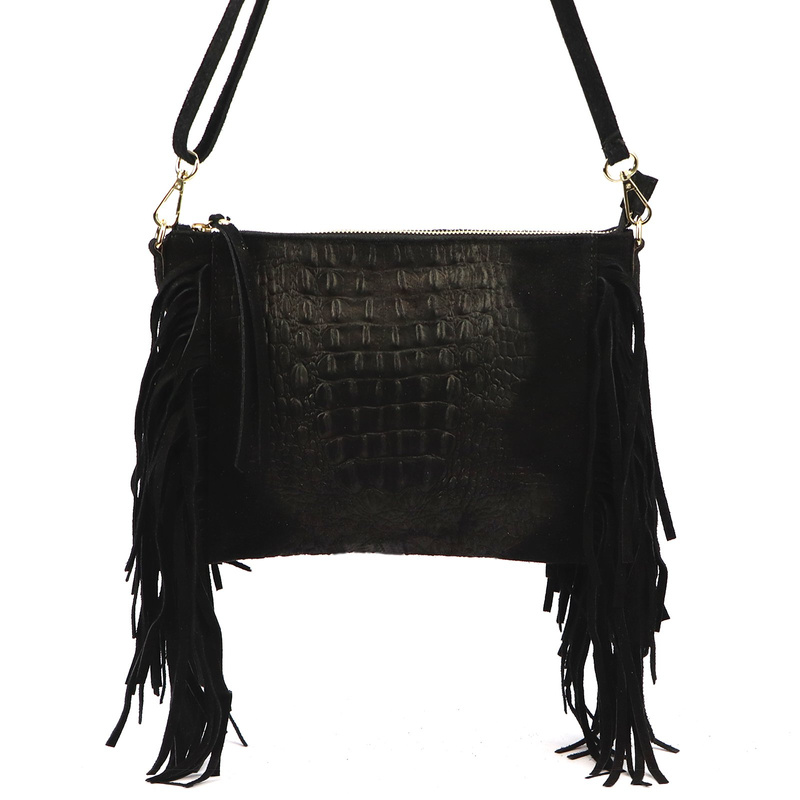 Vera Pelle skórzana damska listonoszka torebka przez ramię z frędzlami