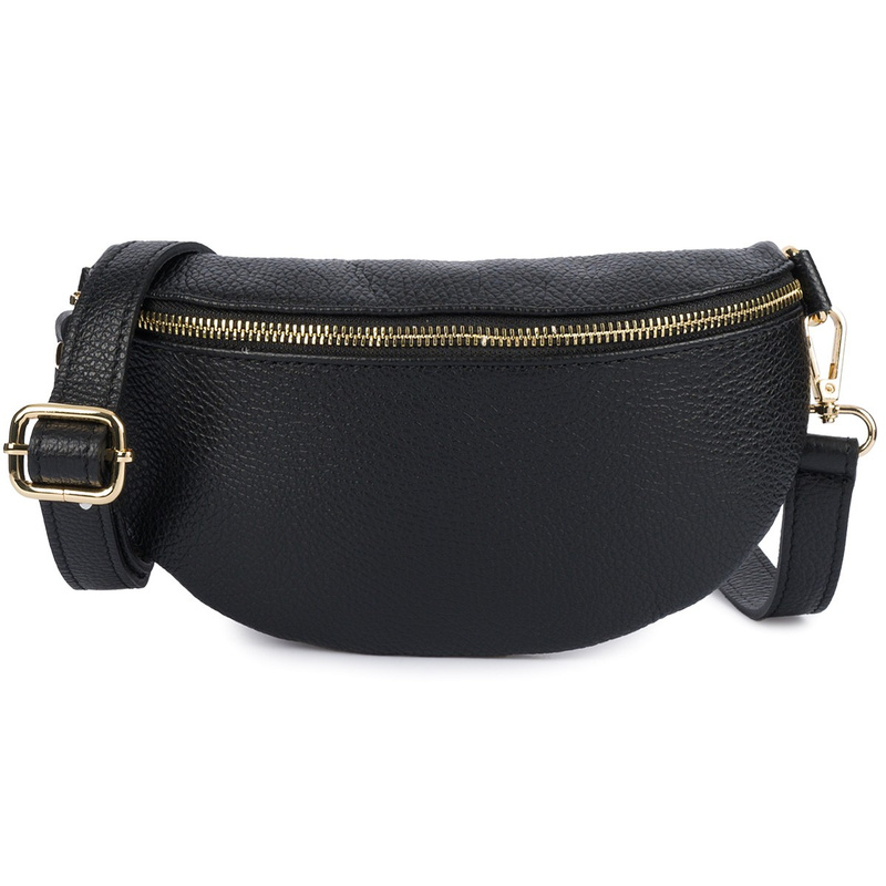 Damska Skórzana Włoska Saszetka Nerka na pasek czarna złoty suwak B68