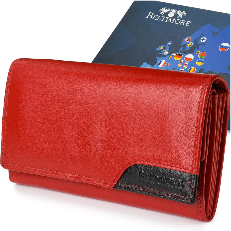 Damski skórzany portfel duży na bigiel poziomy retro RFiD czerwony BELTIMORE 043