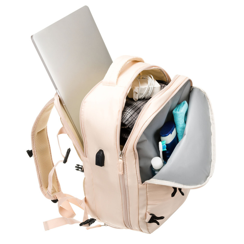 Plecak podróżny z portem USB wykonany z poliestru w beżowym kolorze - Peterson
