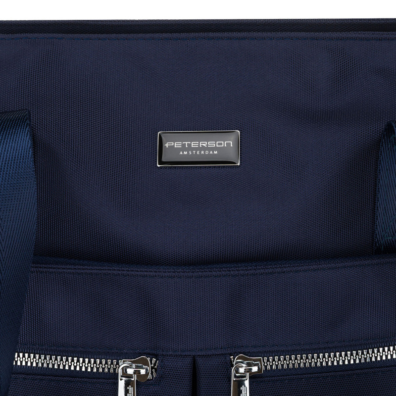 Granatowa, jednokomorowa shopperka damska z poliestru wyposażona w dopinany, regulowany pasek - Peterson