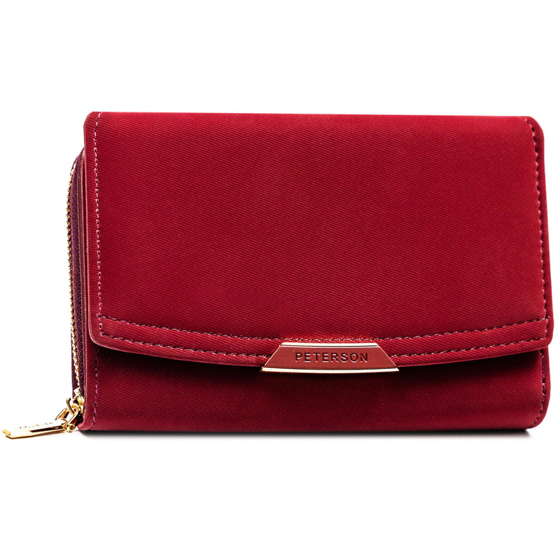Poziomy portfel damski ze skóry ekologicznej w bordowym kolorze, zamykany suwakiem i zatrzaskiem - Peterson
