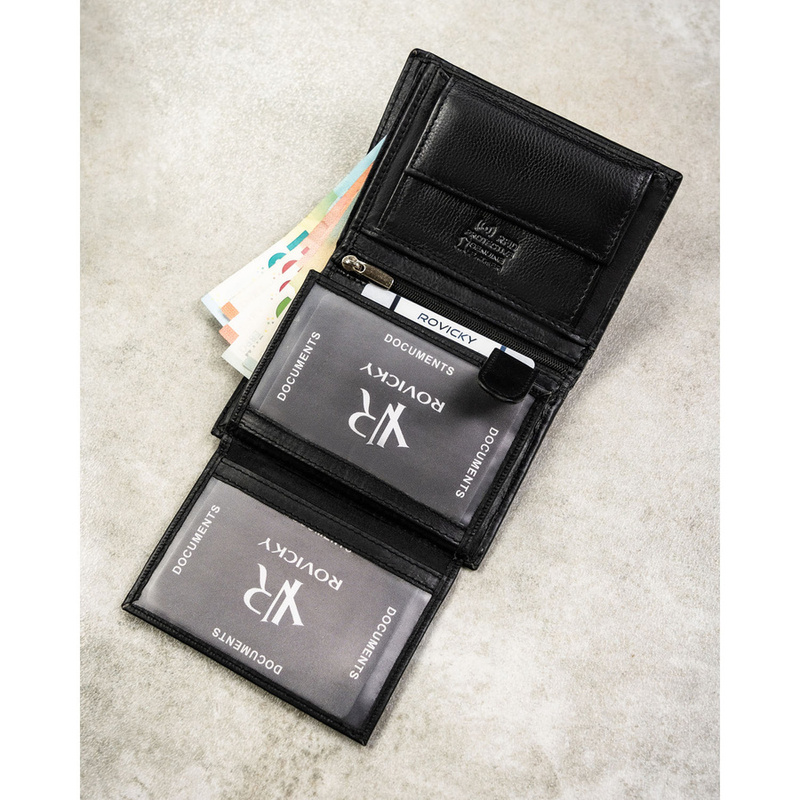 Duży portfel męski ze skóry naturalnej w czarnym kolorze, mieszczący dowód rejestracyjny - Rovicky
