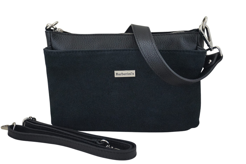 Pojemna torebka listonoszka ze skóry i zamszu - Czarna