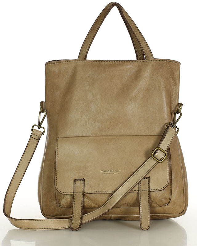 Skórzana torebka plecak z kieszenią z przodu - MARCO MAZZINI beż taupe