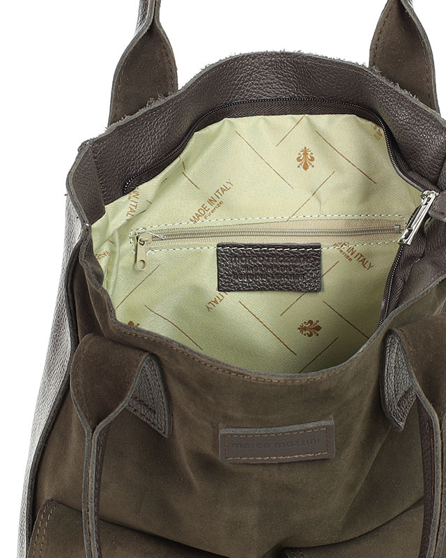Torebka zamszowa shopper bag z kieszeniami skóra naturalna - MARCO MAZZINI ciemny brąz