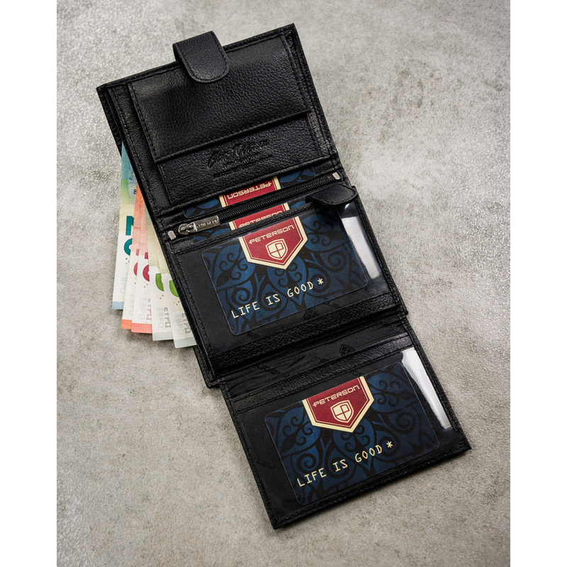 Zestaw prezentowy: skórzany, pionowy portfel męski w czarnym kolorze z systemem RFID i pasek ze skóry ekologicznej - Peterson