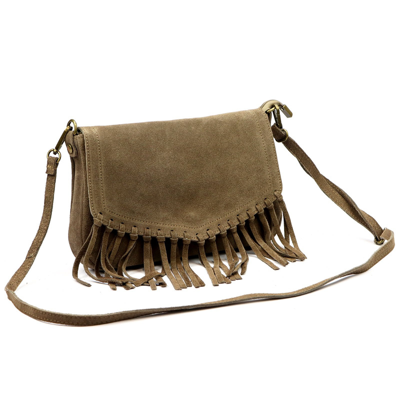 Zamszowa skórzana damska listonoszka z frędzlami torebka na ramię Luka