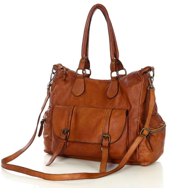 Pojemna torba damska na ramię z kieszeniami skóra naturalna - MARCO MAZZINI brąz camel