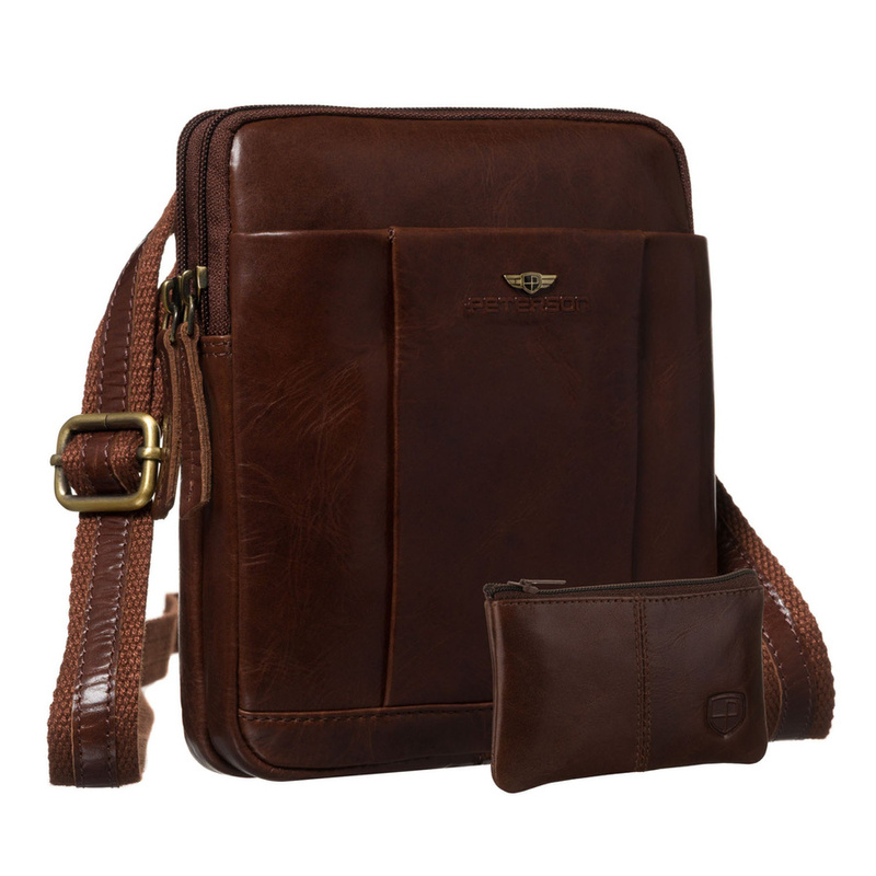 Dwukomorowa, brązowa listonoszka męska ze skóry naturalnej - Peterson