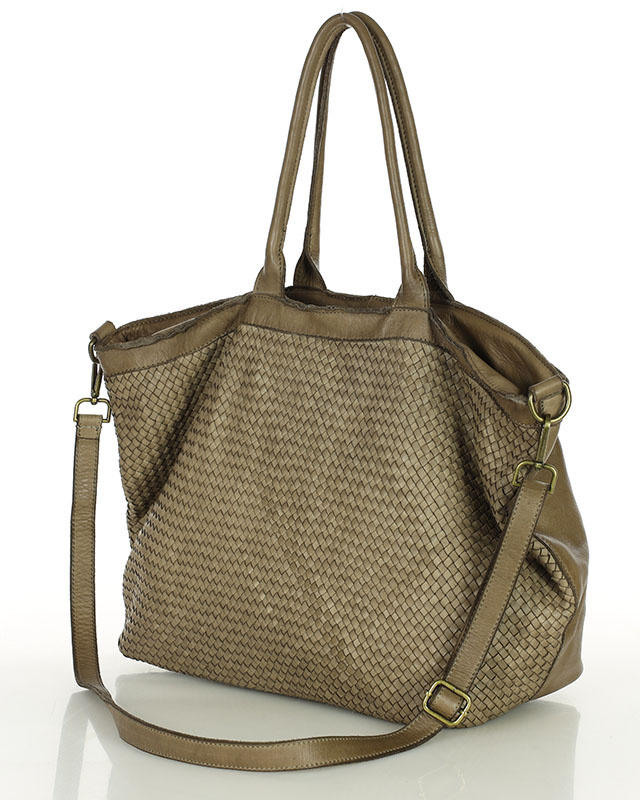 Duża torba shopper z plecionej skóry naturalnej - MARCO MAZZINI beżowa