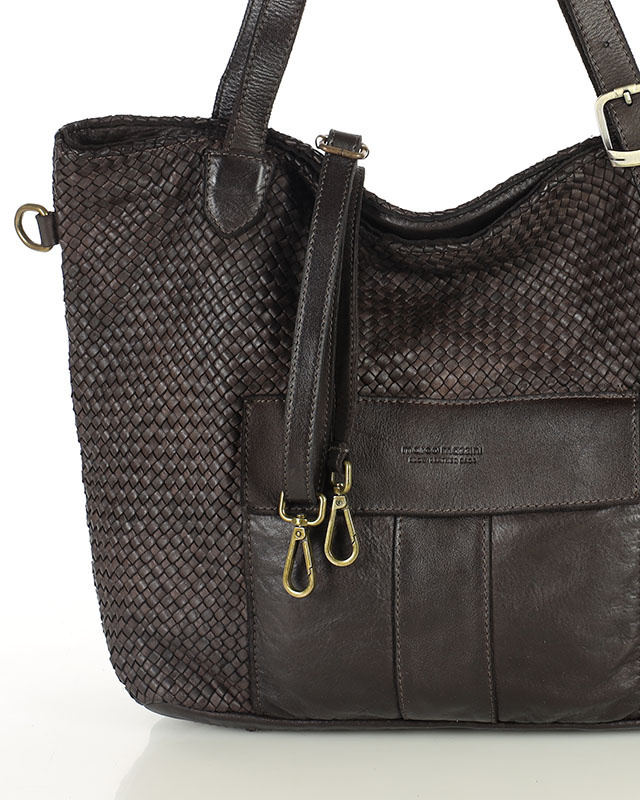 Duża torebka pleciona na ramię shopperka skórzana - MARCO MAZZINI ciemny brąz