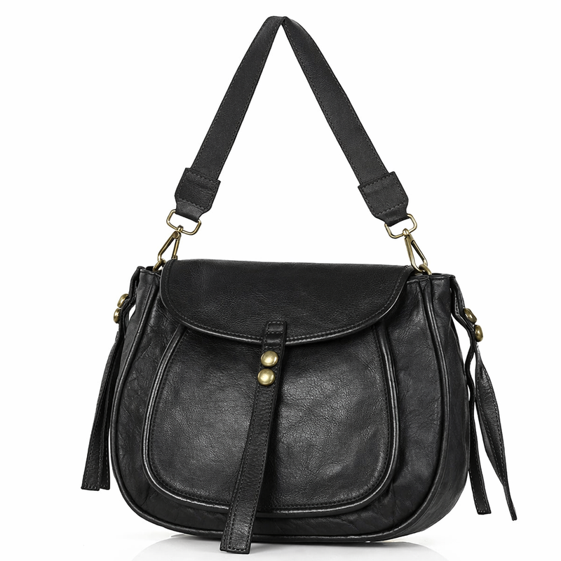 Mazzini Torebka classic saddle bag ze skóry naturalnej na ramie czarna