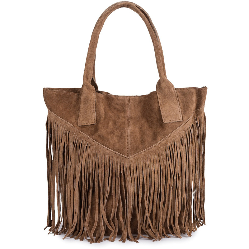 Torebka damska skórzana zamszowa A4 frędzel duża taupe L83