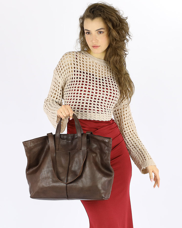 Duża torba shopper skórzana podwójne rączki - MARCO MAZZINI ciemny brąz