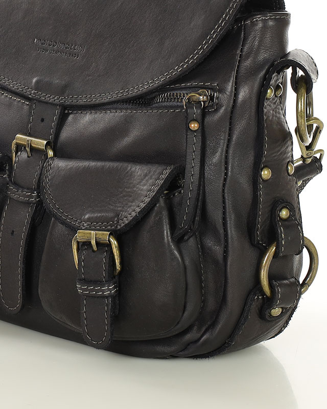 MARCO MAZZINI Skórzana torebka listonoszka z kieszeniami safari handmade bag czarna