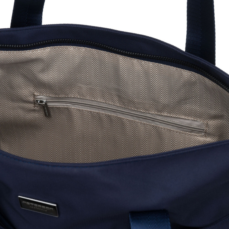 Granatowa, jednokomorowa shopperka damska z poliestru wyposażona w dopinany, regulowany pasek - Peterson