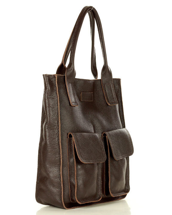 Torebka skórzany shopper bag z kieszeniami - MARCO MAZZINI Ravenna ciemny brąz caffe