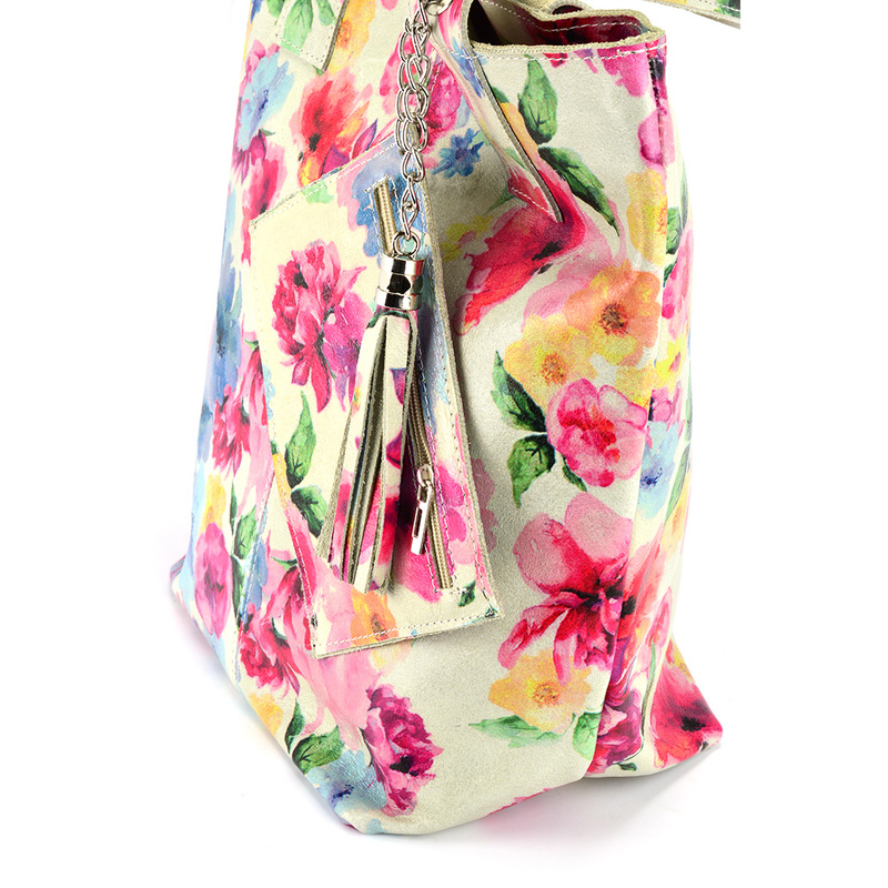Duża skórzana damska Shopperbag na ramię w kwiaty