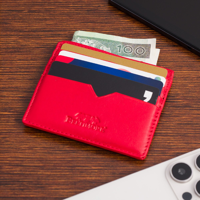 Etui na dokumenty karty wizytówki skórzane slim portfel czerwone Beltimore E49