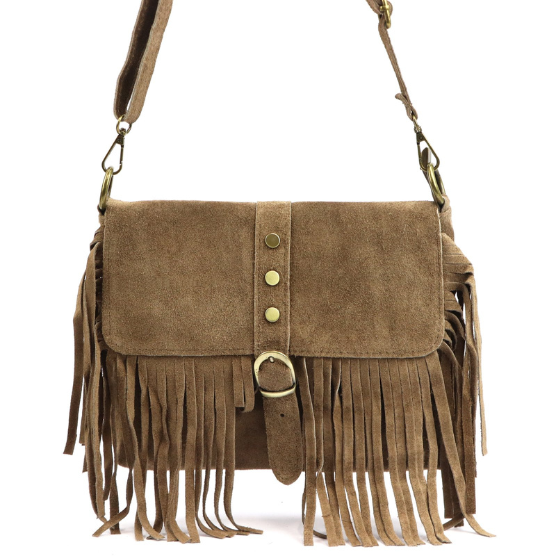 Boho damska listonoszka skórzana zamszowa z frędzlami i kieszenią Luka