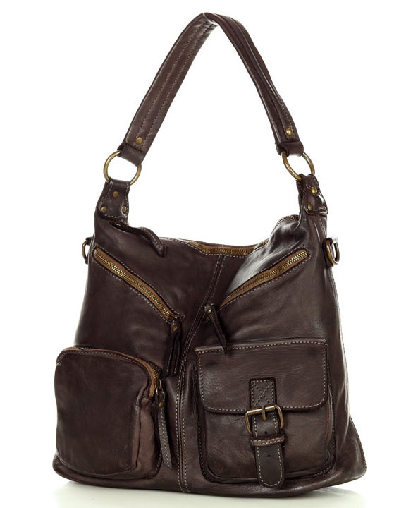 Torebka skórzana na ramię pockets old pelle lavata - MARCO MAZZINI ciemny brąz