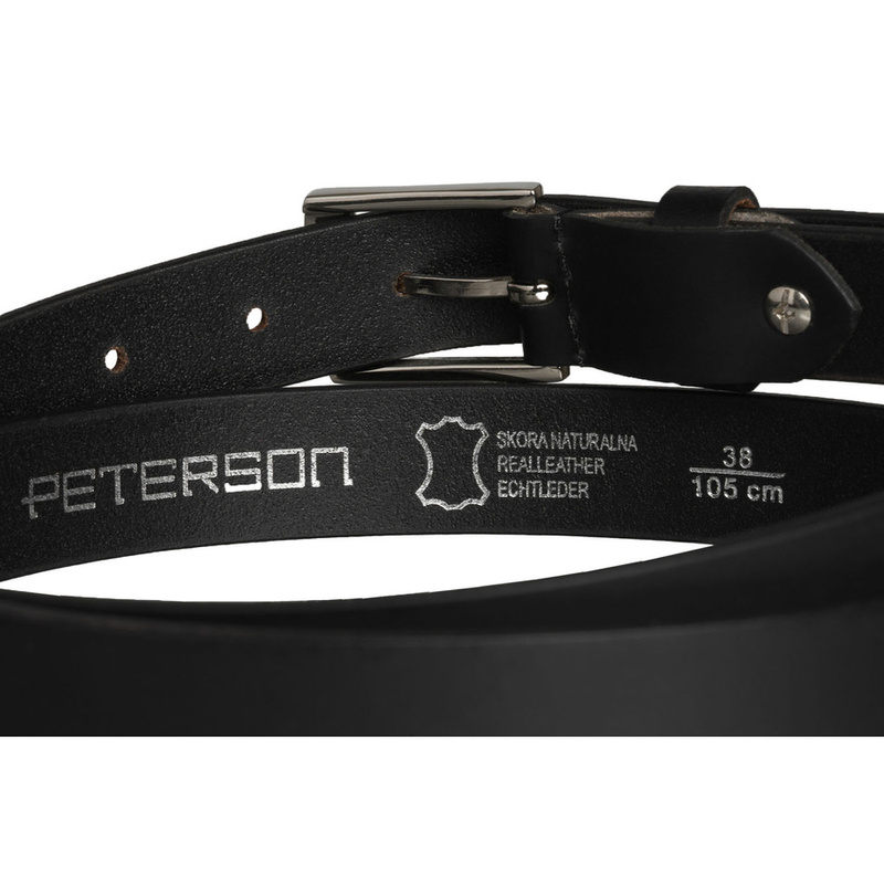 Skórzany, czarny pasek damski ze srebrną, klasyczną klamrą - Peterson