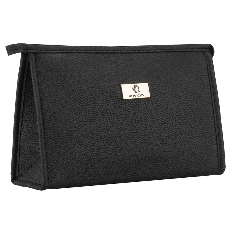 Czarna, praktyczna kosmetyczka ze skóry ekologicznej zamykana suwakiem - Rovicky