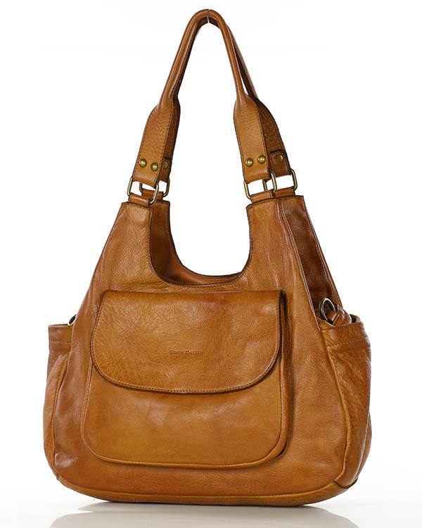 Włoska torebka skórzana z kieszenią z przodu retro bag handmade - MARCO MAZZINI brąz camel