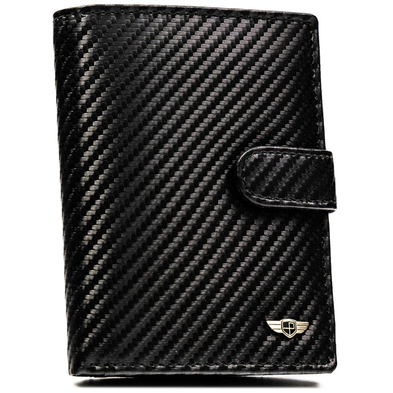 Pionowy portfel męski ze skóry naturalnej w czarnym kolorze wyposażony w system RFID, w zestawie z brelokiem - Peterson