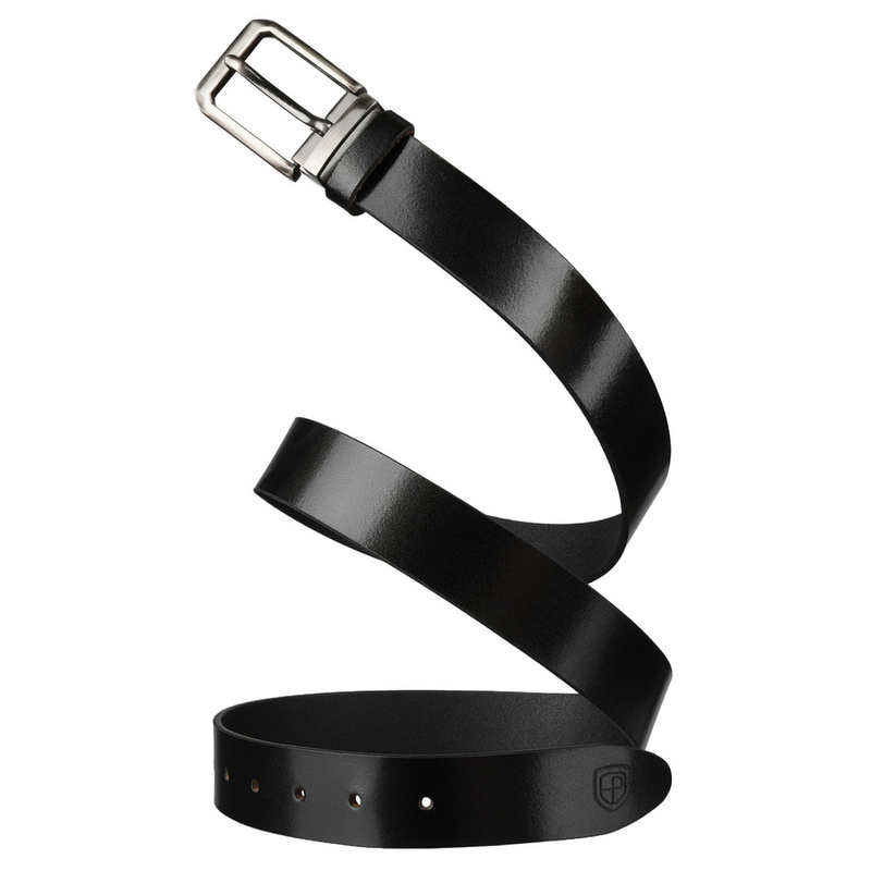Elegancki pasek męski ze skóry naturalnej w czarnym kolorze ze srebrną, klasyczną klamrą - Peterson