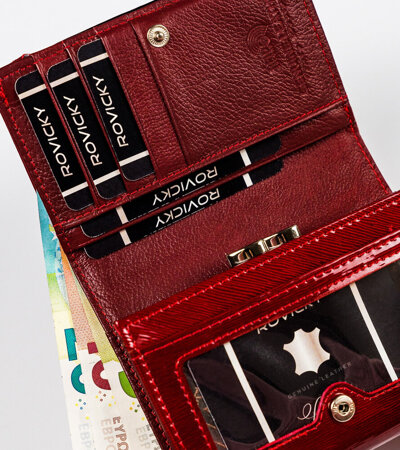 Niewielki, lakierowany portfel damski z zewnętrzną kieszonką RFID - Lorenti