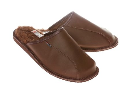 Skórzane pantofle męskie klapki domowe z ciepłą wkładką z wełny pw295 brązowy