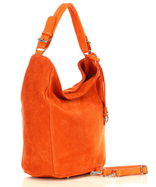 Torebka worek skórzana na ramię pojemna hobo leather bag - MARCO MAZZINI nubuk pomarańczowa