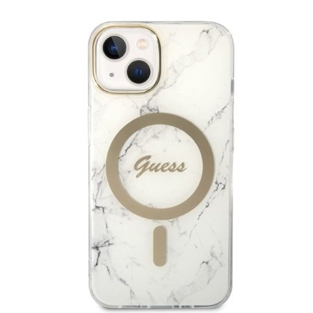 Zestaw Guess GUBPP14MHMEACSH Case+ Charger iPhone 14 Plus 6,7" biały/white hard case Marble MagSafe